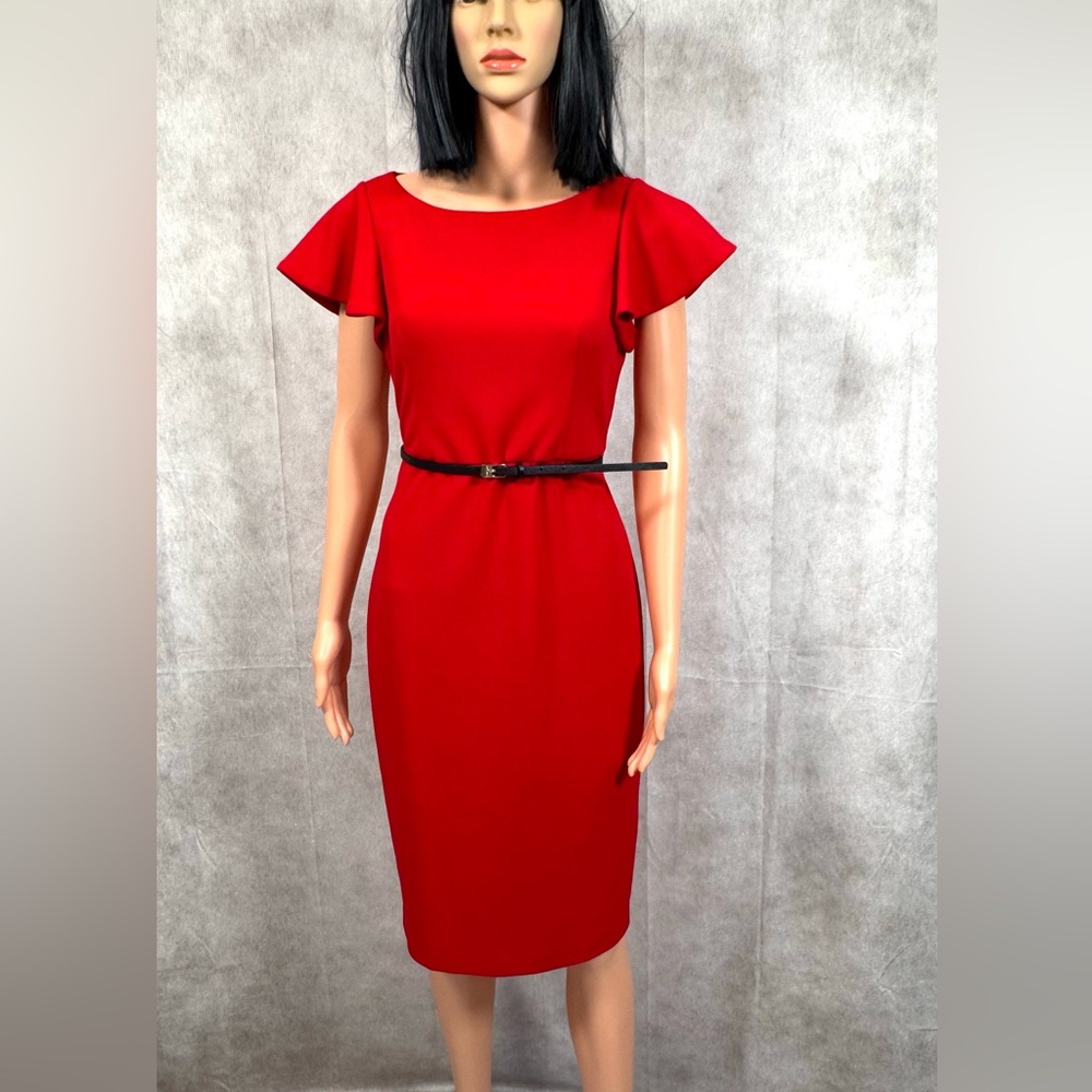 Calvin Klein Red Midi Sheath Belted Dress with Bateau Neckline